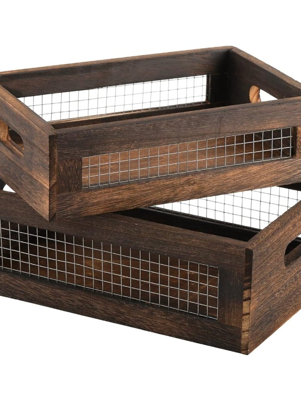 Set of 2 Rustic Nesting Boxes, Wooden Organizer Crates Basket, Small Decorative